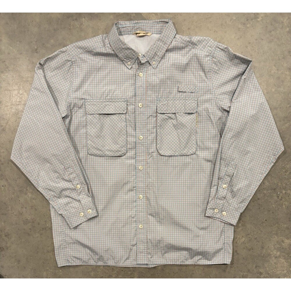 ExOfficio Button Shirt Mens 2XL Vented Hiking Fishing Check Blue Orange